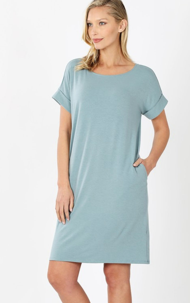 Rolled Short Sleeve Round Neck Dress.